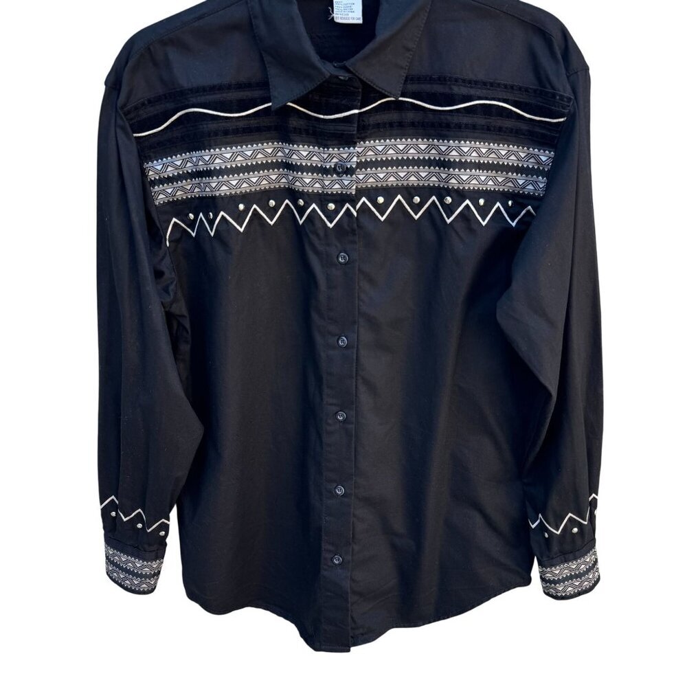 Adobe‎ Rose Vintage Western Button-Up Shirt S Black Geometric Embroidery Studs S